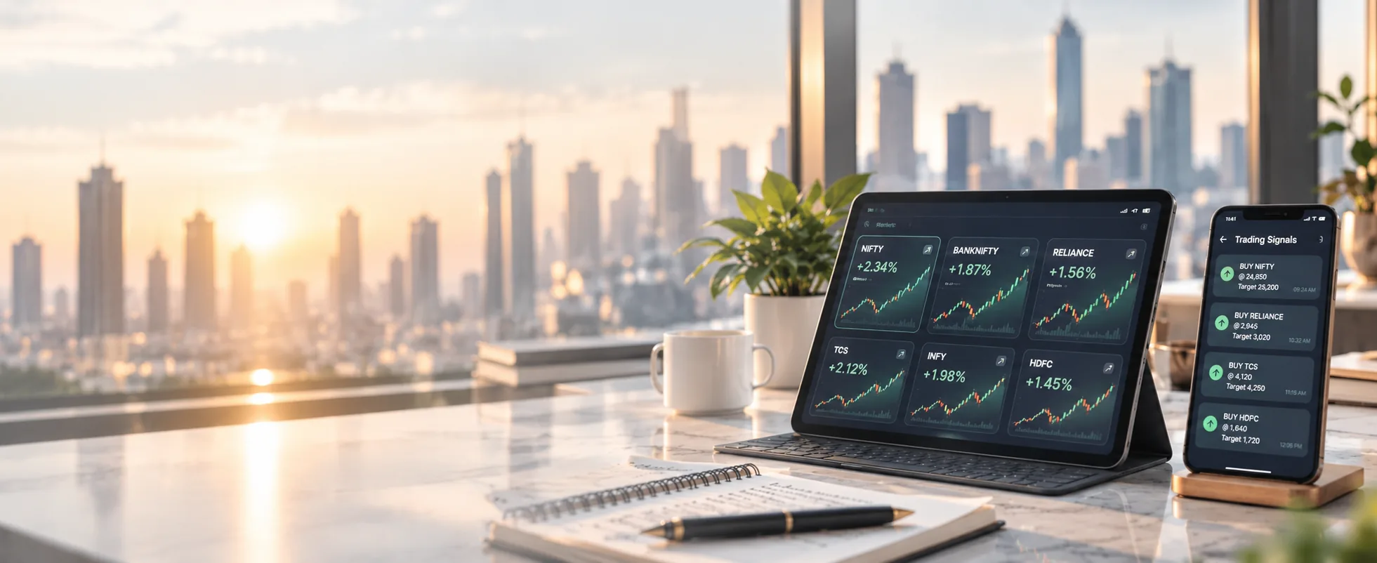 Trading signals dashboard shown on a tablet and phone