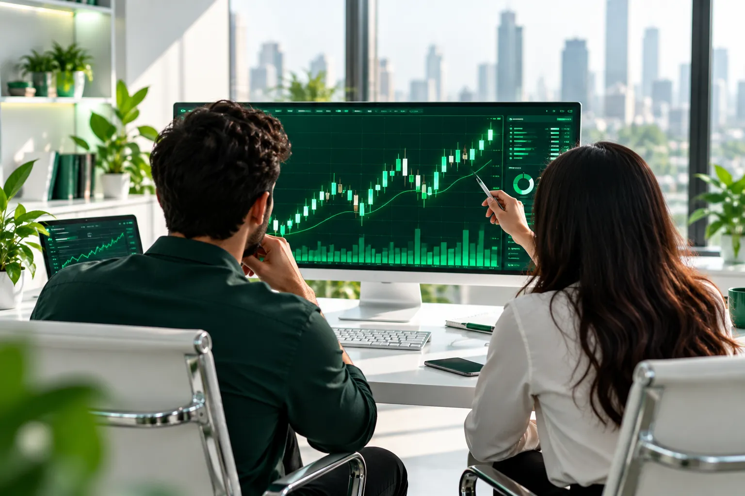 Two traders reviewing a live forex chart together